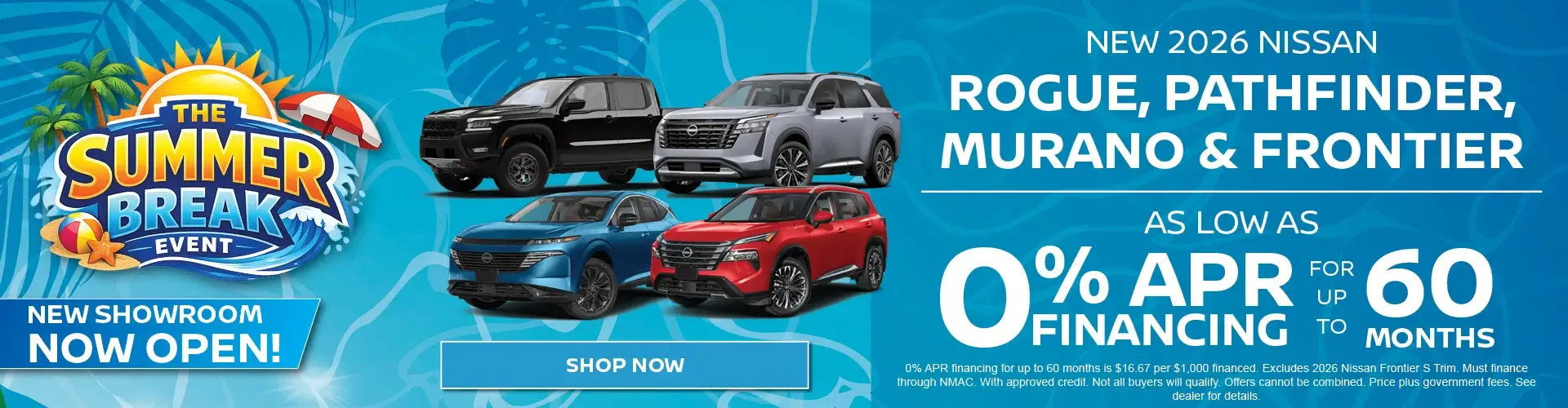 Nissan of Fort Myers July 4th sale: new 2026 Rogue, Pathfinder, Murano and Frontier at 0% APR for 60 months.